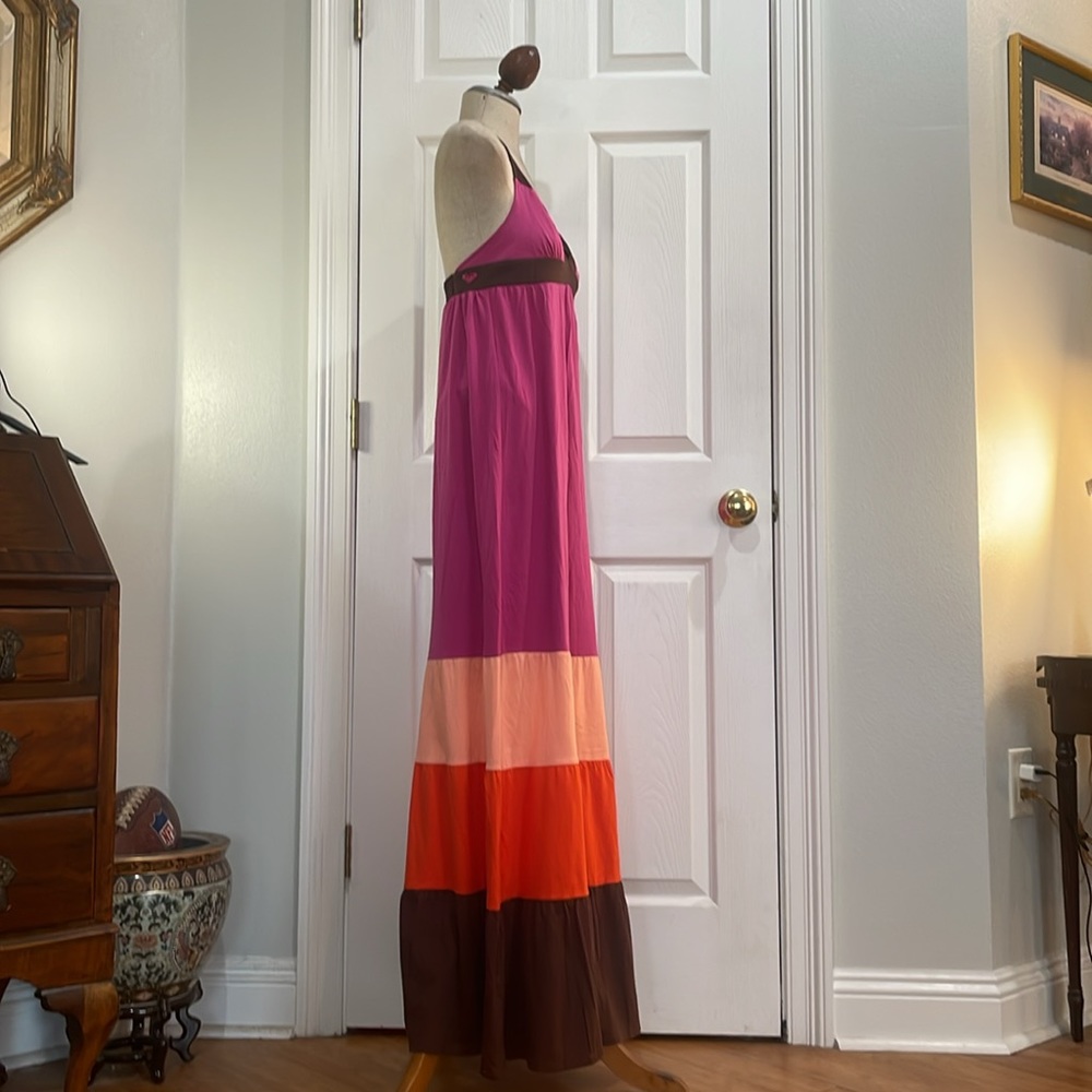 Roxy Maxi sun dress long halter style summer color block pink brown women size M - Picture 4 of 16